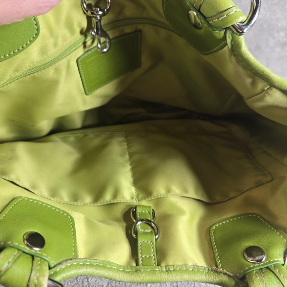 Coach Stripe Signature Monogram Purse Canvas Leather Tote Bag Pink Green - Picture 4 of 16